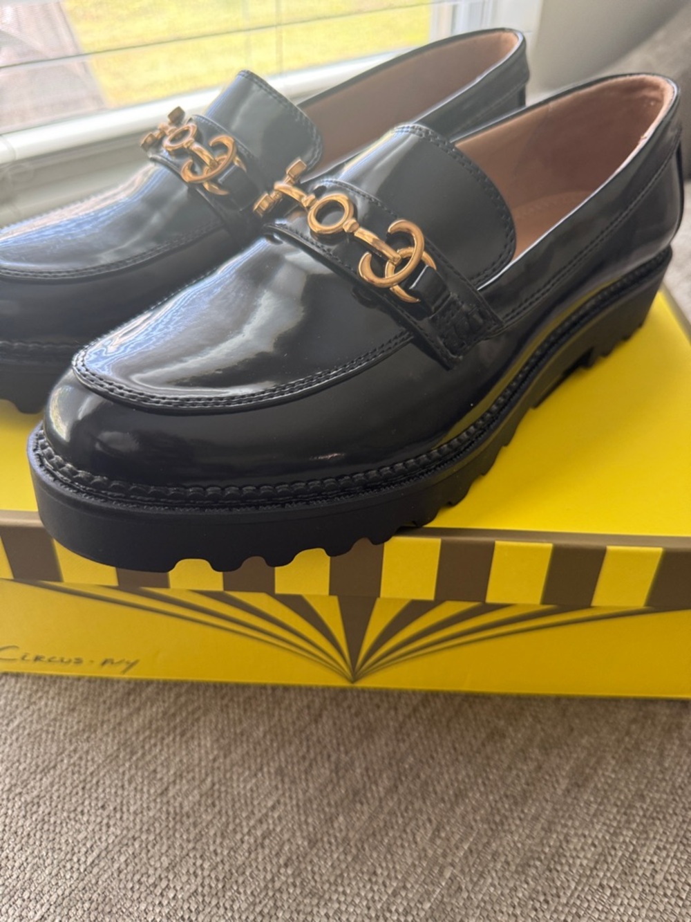 Circus NY by Sam Edelman Deana Platform Lug Sole Loafer Black/Gold Size 9.5 NEW